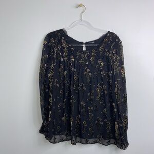 Love Sam Women's M Burnout Velvet Black Floral Blouse Top Sheer Whimsical Fairy